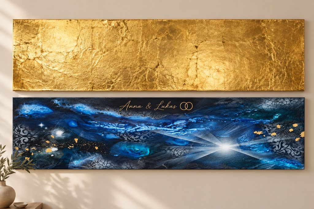 Zwei rechteckige Wandbilder, oben eine Goldfolie mit strukturierter Oberfläche, unten ein blau-schwarzes abstraktes Gemälde mit goldenen Akzenten und der Schriftzug "Anna & Lukas" mit zwei Eheringen.