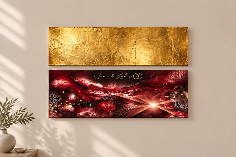 Zwei rechteckige Wandbilder an einer beige Wand, das obere ist in glänzendem Gold gehalten, das untere zeigt ein abstraktes, rotes Kunstwerk mit goldenen Akzenten und der Beschriftung "Anna & Lukas" mit zwei ineinander verschlungenen Ringen.