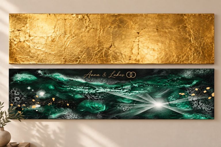 Zwei lange rechteckige Leinwände an einer hellen Wand, eine obere mit texturierter goldener Oberfläche und eine untere mit abstraktem, dunkelgrünem, schwarzem und goldenem Motiv sowie den Namen "Anna & Lukas" und zwei ineinander verschlungene Ringe.