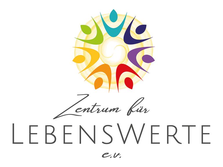 Buntes Logo mit sechs stilisierten, farbigen Figuren, die einen Kreis und eine helle, spiralförmige Mitte bilden, darüber handschriftlich "Zentrum für" und darunter groß "LEBENSWERTE e.V."