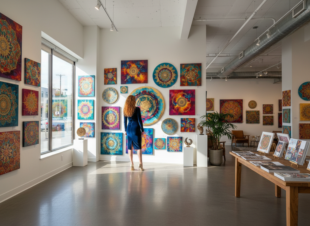Eine Frau mit blauem Kleid steht in einer hellen Galerie und betrachtet bunte, mandalaähnliche Kunstwerke an der Wand, umgeben von großen Fenstern und weiteren ausgestellten Bildern und Kunstobjekten.