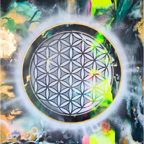 Abstraktes Kunstwerk mit einem zentralen Kreis, der das Muster der Blume des Lebens zeigt, umgeben von farbenfrohen, wolkenartigen und neonfarbenen Akzenten.