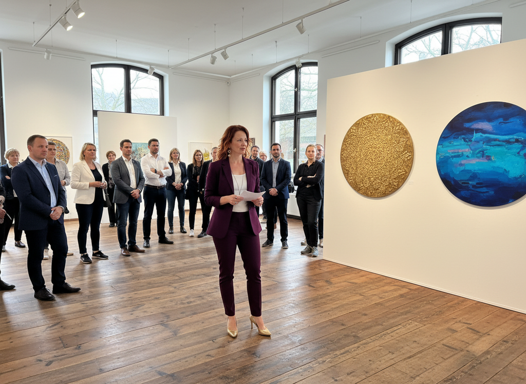 Eine Frau im lila Anzug hält eine Rede während einer Vernissage in einem hellen Raum mit Holzfußboden und großen Fenstern. Im Hintergrund stehen mehrere Personen und betrachten zwei runde Kunstwerke an der Wand.