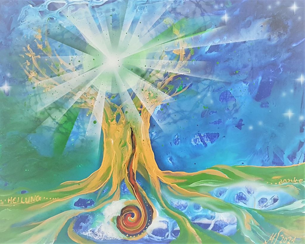 Abstraktes Gemälde eines Baumes mit ausgebreiteten Wurzeln vor einem blauen und grünen Hintergrund, über dem ein heller, sternförmiger Lichtschein leuchtet.