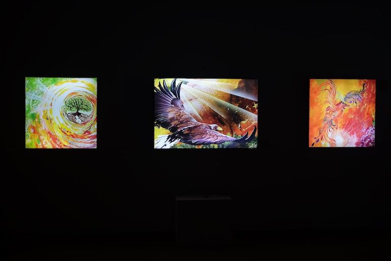 Drei leuchtende Kunstwerke in einem dunklen Ausstellungsraum, bestehend aus einem stilisierten Baum, einem fliegenden Adler und einem abstrakten, farbenfrohen Motiv.