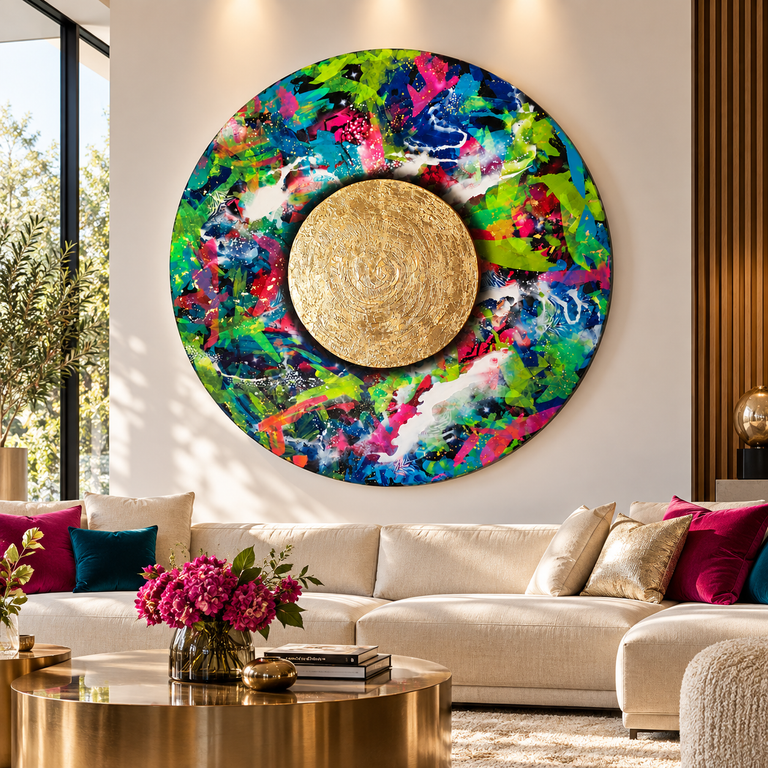 Moderner Wohnbereich mit einem cremefarbenen Ecksofa, bunten Kissen und einer großen, farbenfrohen, runden Wandkunst mit einem goldfarbenen Kreis in der Mitte.