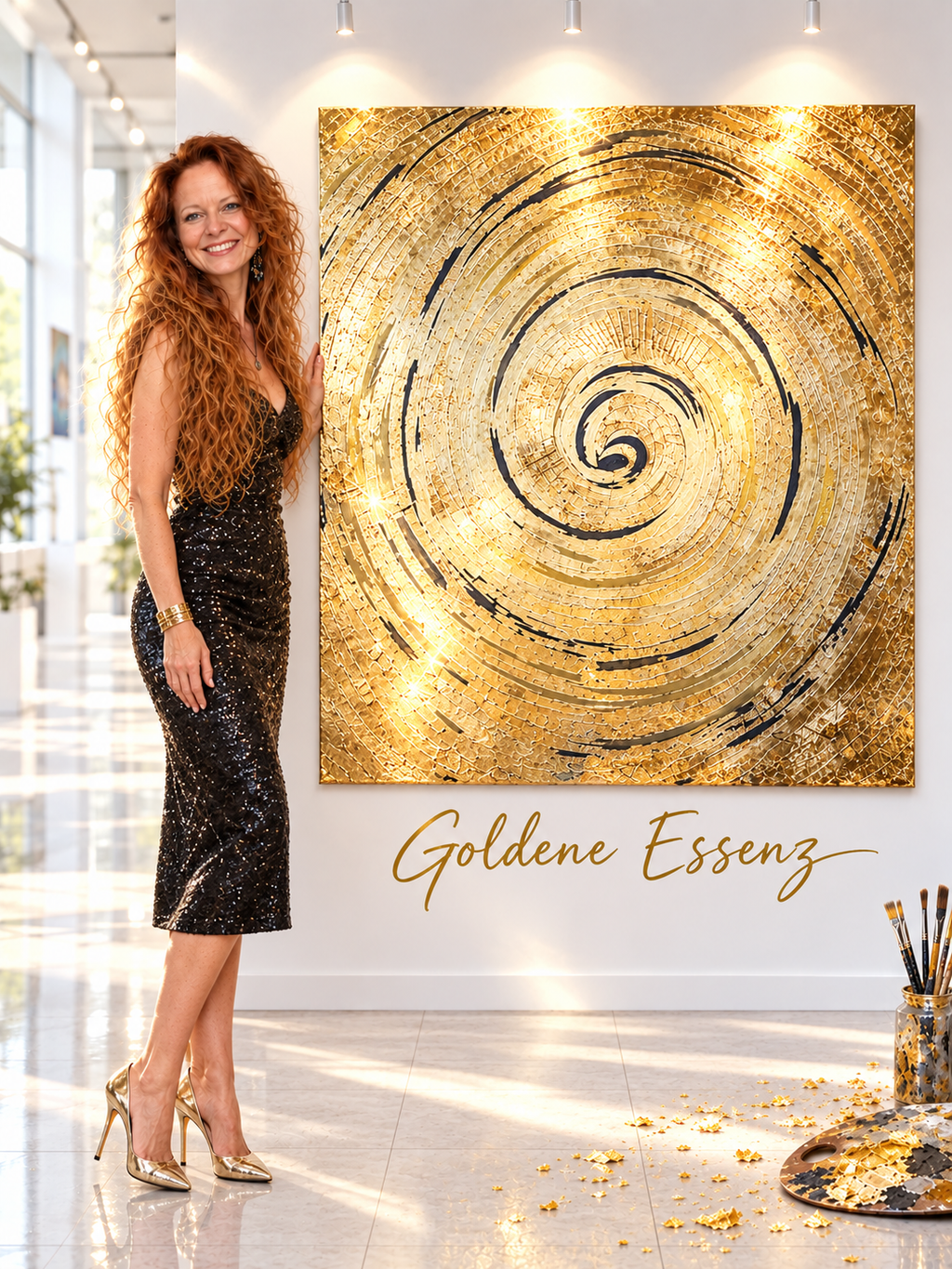 Eine lächelnde Frau mit langen, roten Haaren und einem schwarzen Paillettenkleid steht neben einem großen, goldenen Kunstwerk mit Spiralmotiv an einer weißen Wand in einer hellen Galerie.