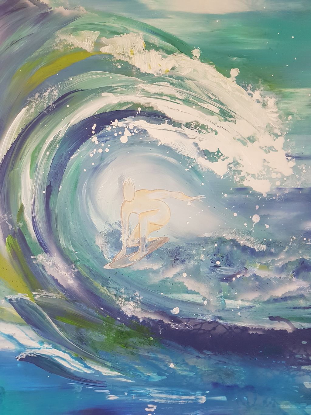 Abstraktes Gemälde eines Surfers, der eine große Welle in leuchtenden Blau-, Grün- und Weißtönen reitet.