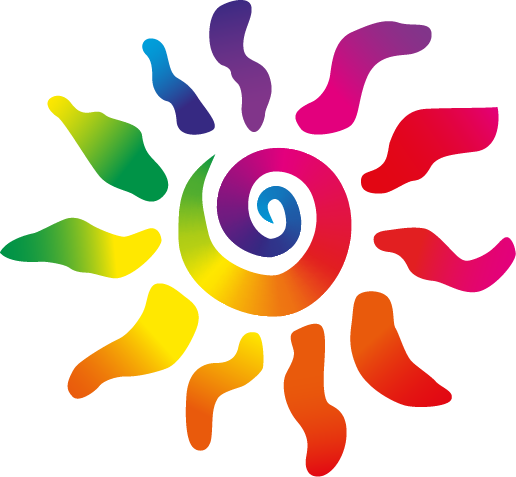 Buntes, spiralförmiges Sonnensymbol mit wellenförmigen Strahlen, die von Gelb über Grün, Blau, Lila bis Rot und Orange verlaufen.
